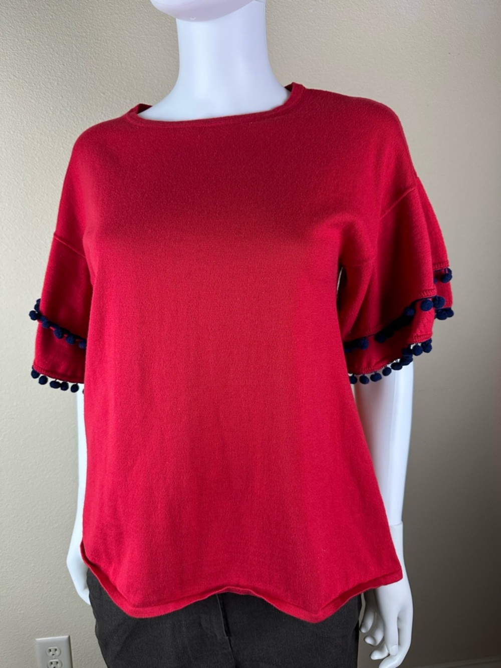 Red Short-Sleeve Pom Pom Trim Women's Top